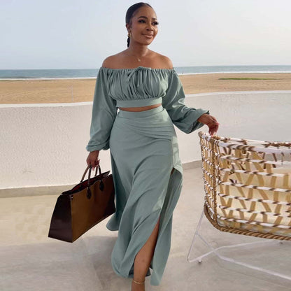 Sexy Chest Wrapped Large Skirt Lantern Sleeve Suit Two Piece Set - Wanita Store