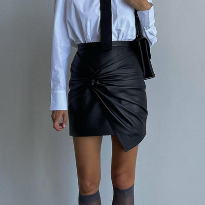 Women Clothing Autumn Winter Street Ruffle Hip Skirt Leather Skirt - Wanita Store