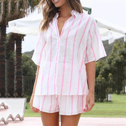 Spring Summer Striped Printed Short Sleeve Shirt Shorts Suit Beach Casual Two Piece Suit Women Clothing - Wanita Store