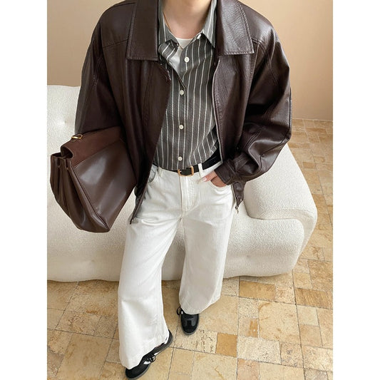 Modern Street Retro Faux Leather Collared Loose Slimming Leather Jacket Coat