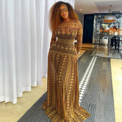 Elegant Retro Women Waist Slimming Micro Transparent A line Printing round Neck Long Sleeved Dress - Wanita Store