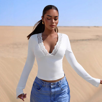V neck Stitching Lace Sexy Long Sleeve Slim Fit Top - Wanita Store