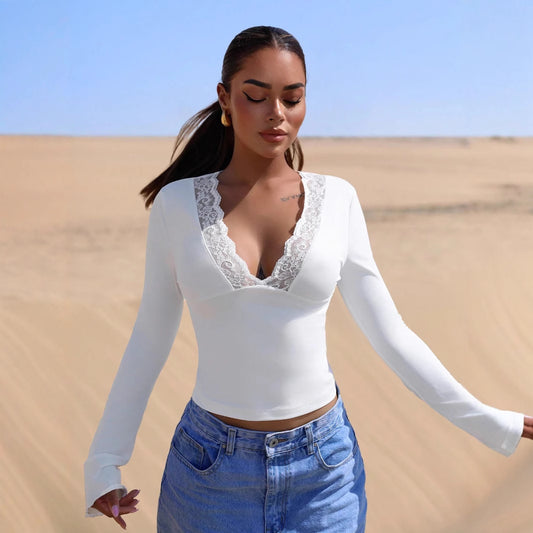 V neck Stitching Lace Sexy Long Sleeve Slim Fit Top