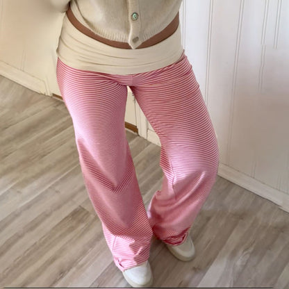 Women Clothing Casual Pajamas Trousers Turn Waist Contrast Color Stripes Knitted Trousers All Match Smooth Straight Leg Trousers - Wanita Store