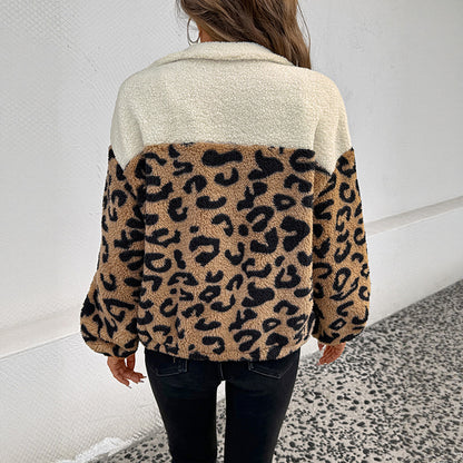 Women Clothing Woolen Jacket Long Sleeved Autumn Winter Leopard Print Wool Warm Polo Collar Top - Wanita Store