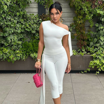 Women Clothing Summer Street Shooting Diagonal Collar Sleeveless Top Slim Fit Tied Shorts Suit - Wanita Store