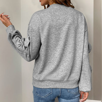 Casual Autumn Bow Stitching Gray round Collar Sweatshirt - Wanita Store