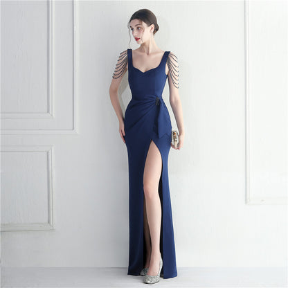 Craft Beaded Car Model Bridesmaid Performance Wedding Long Slit Evening Dress - Wanita Store
