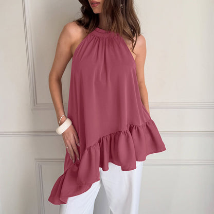 Camisa de gasa para mujer, diseño asimétrico irregular, sin mangas, estilo halter, suelta de verano, para adelgazar