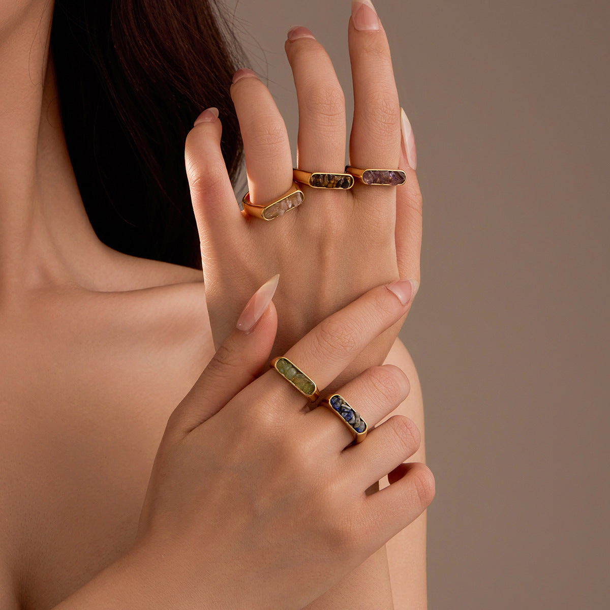 French Vintage Simple Inlaid Natural Stone Exquisite Elegant Stainless Steel Ring Rings All Match Jewelry Women - Wanita Store