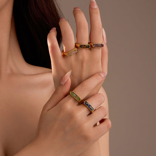 French Vintage Simple Inlaid Natural Stone Exquisite Elegant Stainless Steel Ring Rings All Match Jewelry Women - Wanita Store