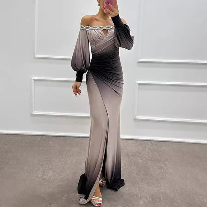 Autumn Winter Long Sleeve Off Shoulder Printing Dress Casual Party Dress Dress Women - Wanita Store