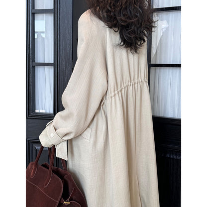 Chinese National below the Knee Trench Coat Women Mid Length Spring Drawstring Cotton Linen Coat - Wanita Store