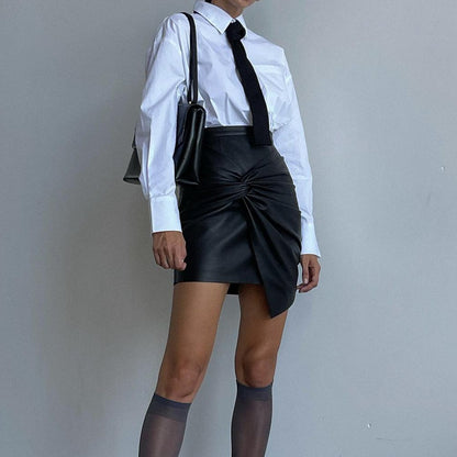 Women Clothing Autumn Winter Street Ruffle Hip Skirt Leather Skirt - Wanita Store