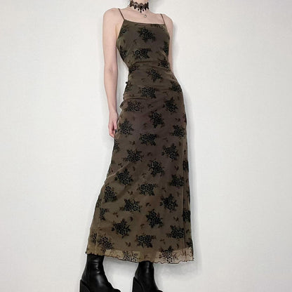 French Retro Elegant Adult Lady Woman Floral Print Maxi Dress Mesh Wooden Ear Off Neck Slim Strap Long One Step Dress - Wanita Store
