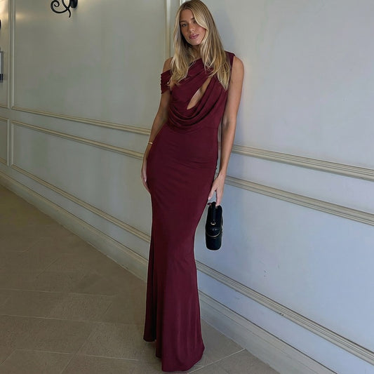 French Hollow Out Cutout Sheath Sleeveless Elegant Sexy Dress Summer Slim Solid Color Maxi Dress