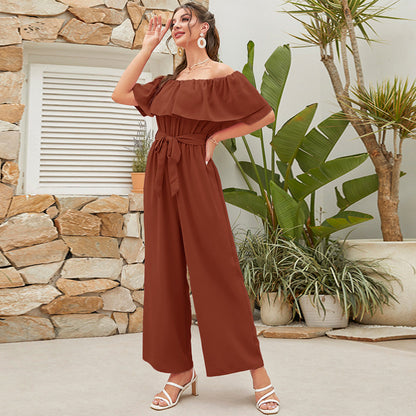 Women Clothing Summer Casual off Shoulder Ruffle Sleeve Lace up Cropped Wide Leg Pants - Wanita Store