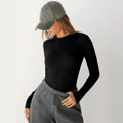 Clothes Thread Double Layer Round Neck Long Sleeved T shirt Women Outer Wear Slim Fit Shoulder Sexy Top Sexy - Wanita Store