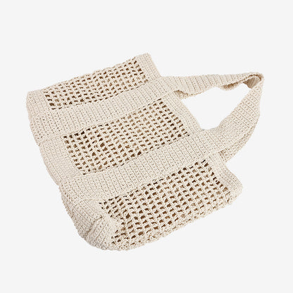 Casual Large Capacity Cotton Thread Woven Bag Hollow Out Cutout Straw Bag Seaside Vacation Beach Bag Mesh Shoulder Bag - Wanita Store