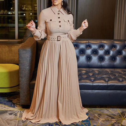 Belt Women Clothing Spring Summer Long Sleeve Casual Loose Pleated Wide Leg Jumpsuit - Wanita Store