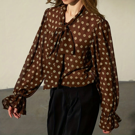 Women Clothing French Minority Vintage Ribbon Lantern Sleeve Casual Polka Dot Women Top
