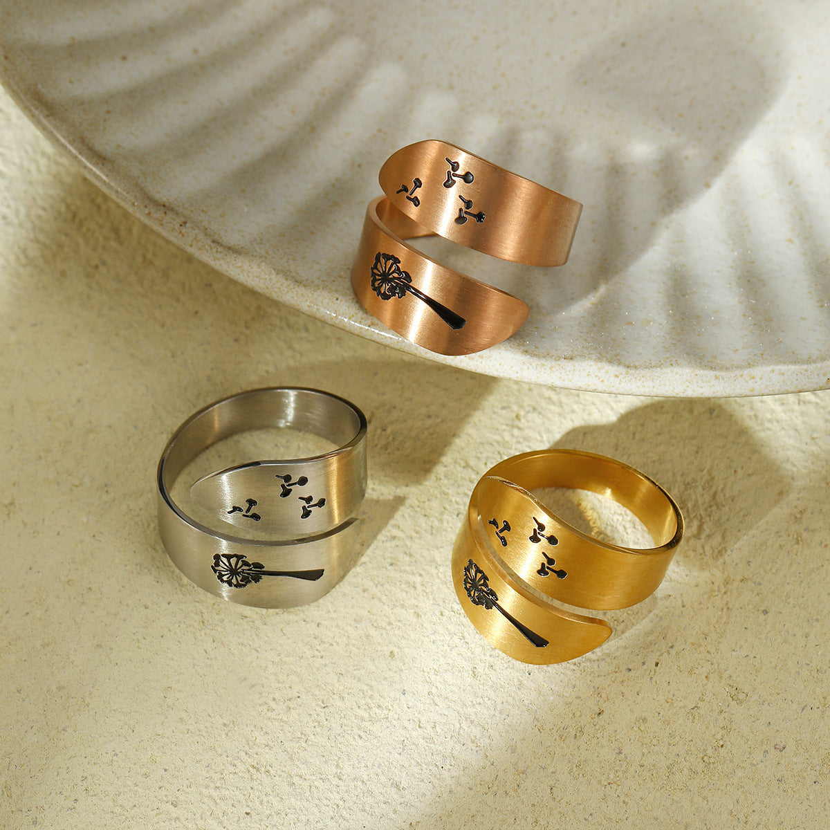 Arrival Corrosion Dripping Dandelion Titanium Steel Open End Ring Printing Casual Stainless Steel Adjustable Ring - Wanita Store