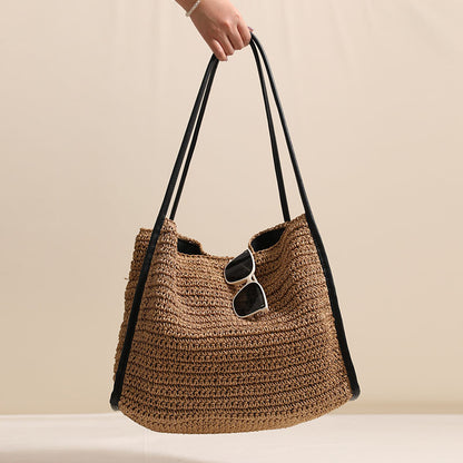 French Large Capacity Straw Bag Niche Solid Color Straw Bag Woven Bag Women Vacation Beach Bag Shoulder Bag - Wanita Store