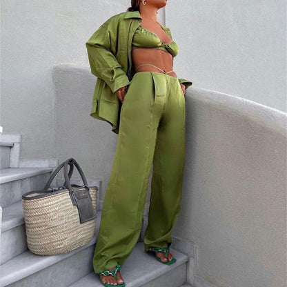 Sexy Women Wear Spring Summer Casual Vacation Three Piece Suit Satin Shirt Vest Straight Leg Pants Suit - Wanita Store