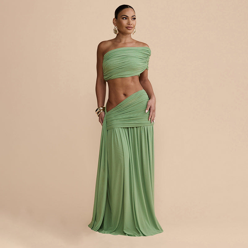 Ropa de Mujer Primavera Sexy Color Sólido Top sin Tirantes Chaleco Cinta Delgada Falda Plisada Conjuntos