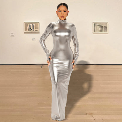Autumn Winter Metallic Sexy Backless Skinny Slimming Slim Dress Women Metallic Coated Fabric Dress - Wanita Store