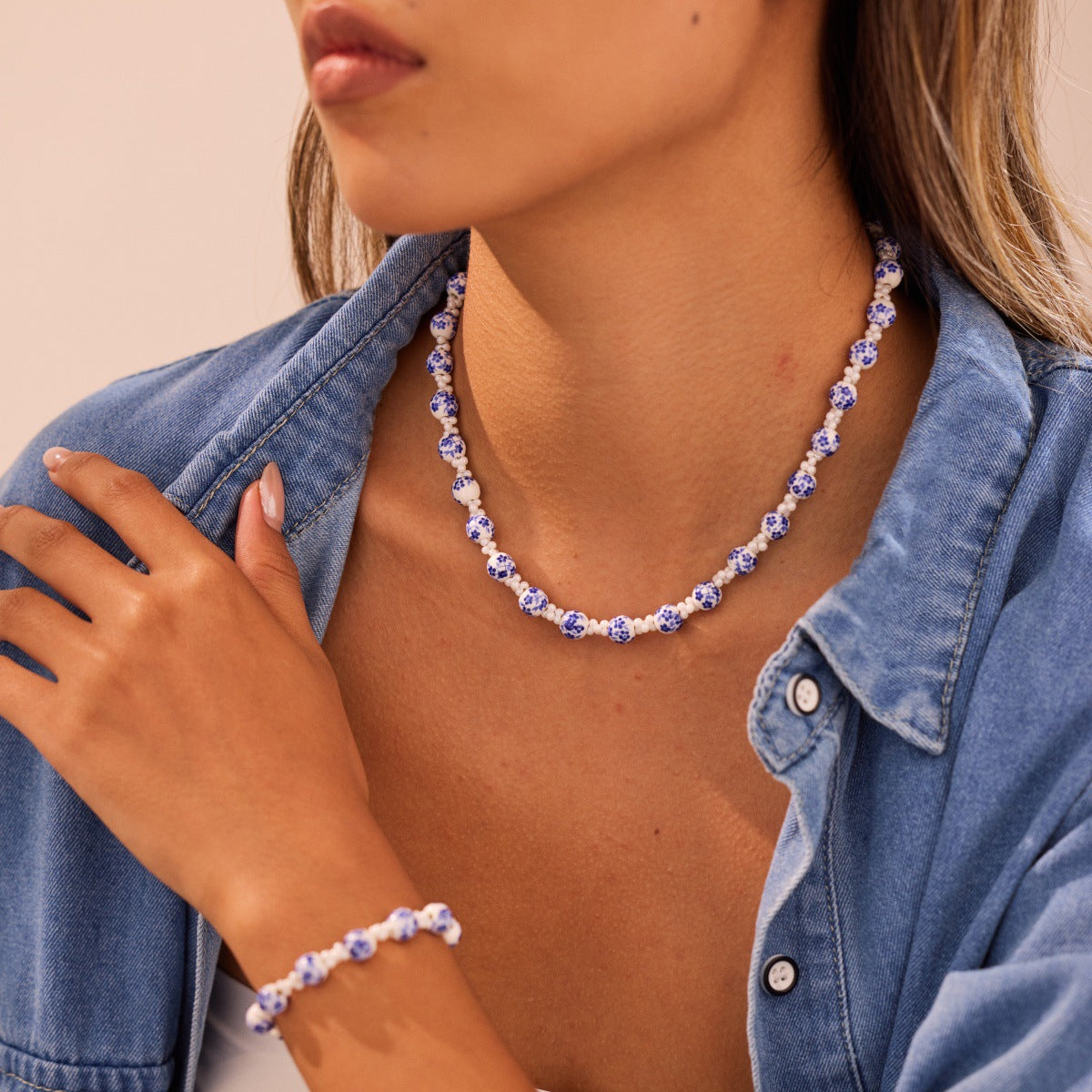 Special Interest Design Ceramic Necklace Set Floral Beads Blue White Porcelain Beaded Chain Jewelry - Wanita Store