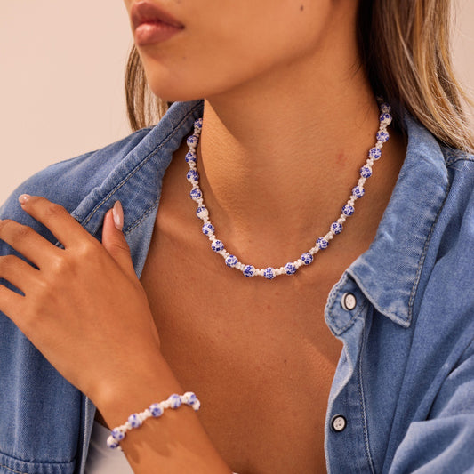 Special Interest Design Ceramic Necklace Set Floral Beads Blue White Porcelain Beaded Chain Jewelry - Wanita Store