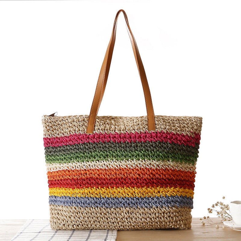 Rainbow Contrast Striped One-Shoulder Straw Bag Beach Bag Mori Women Bag Casual Bag
