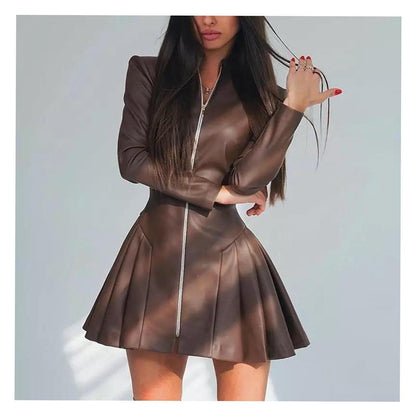 Women Fashionable Fitted Long Sleeve Pleated Faux Leather Zipper Dress - Wanita Store