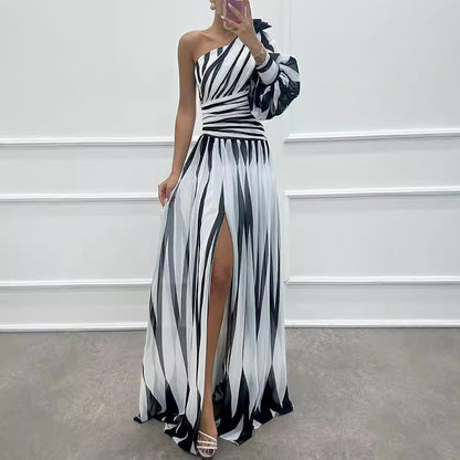 Spring Autumn Printed Diagonal Shoulder Split Dress Casual Loose Party Dress Dress - Wanita Store