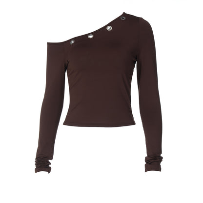 Winter One Shoulder Cold Shoulder Corns Solid Color Cropped Exposed Pullover Upper Clothes Long Sleeves T shirt - Wanita Store