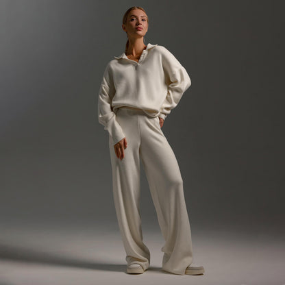 Knitting Suit Autumn Winter Sweater Polo Collar Knitted Pullover Wide Leg Trousers Two Piece Set - Wanita Store