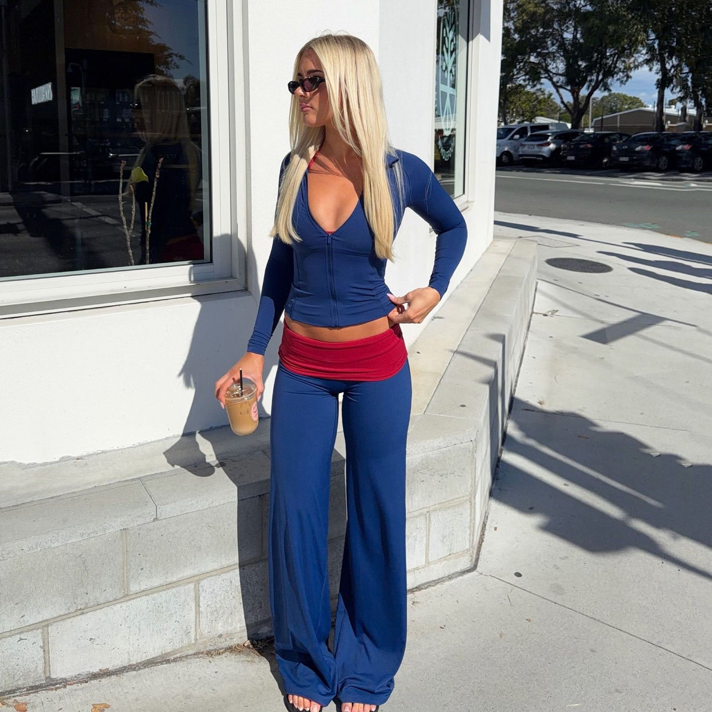 Street Sports Casual Yoga Stand Collar Long Sleeve Zipper T shirt Waist Contrast Color Straight Wide Leg Pants