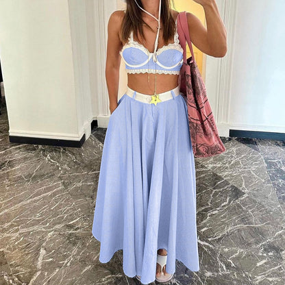 Early Spring Lace Splicing Sling Vest Sexy Women Clothing High Waist Big Swing Skirt Two Piece Set - Wanita Store