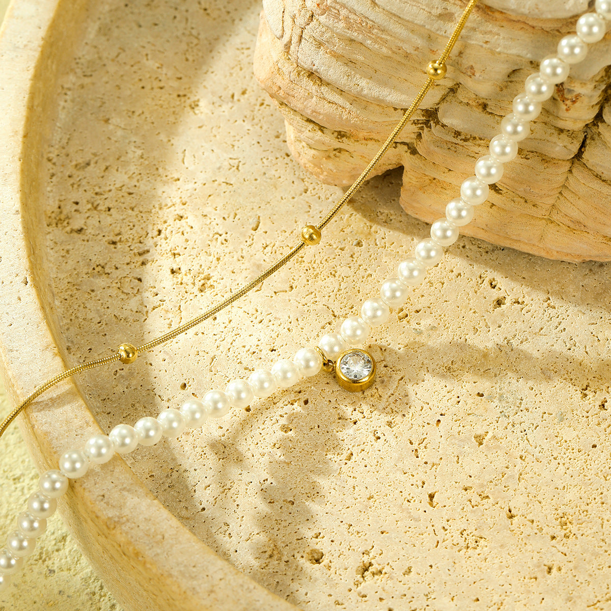 All Match Pearl Double Chain Inlaid Zircon Titanium Steel Necklace 18K Stainless Steel Clavicle Chain Accessories - Wanita Store