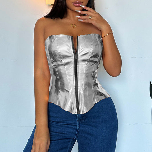 Women Clothing Metallic Coated Fabric Sexy Metal Bright Leather Tank Top Slim Vest Waist