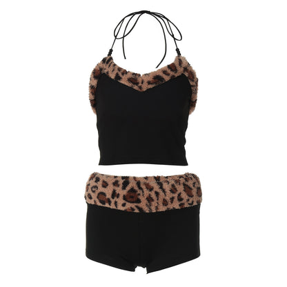 Vêtements femme été léopard épissure lacet gilet court coupe-mince short décontracté ensemble