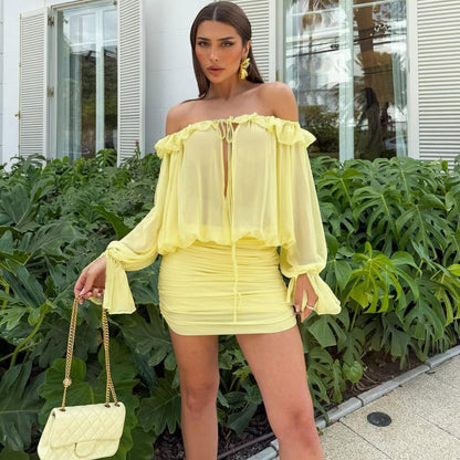 Fall Women Clothing Sexy off the Shoulder Hollow Out Cutout out Tied Solid Color Slim Hip Bag Dress - Wanita Store