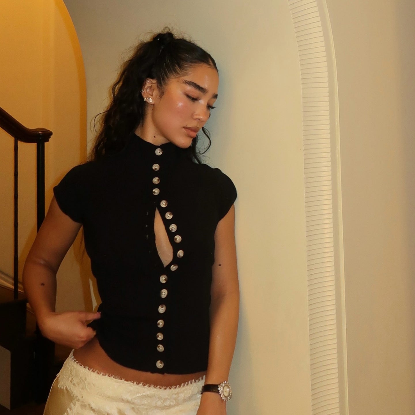 Ropa de verano para mujer, top corto con botones, color sólido, ajustado, de manga corta, camiseta
