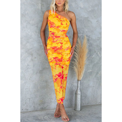Spring Summer Printing Elastic Shoulder Printing Dress Casual Holiday Dress Dress - Wanita Store