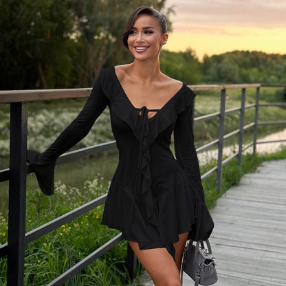 Women Clothing Ruffled Pointed Collar Rope Bell Sleeve Dress - Wanita Store