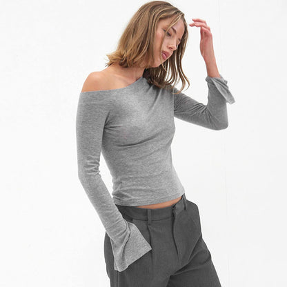 Women Clothing Autumn Winter Shoulder Slit Long-Sleeve T shirt - Wanita Store