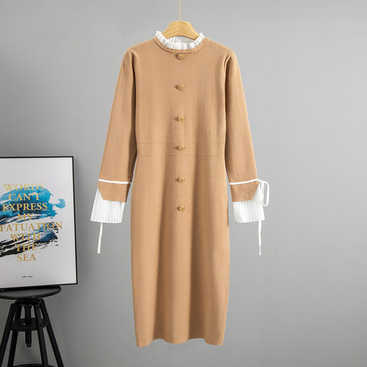Autumn Hepburn Graceful Stand Collar Long Sleeve Chiffon Patchwork Dress Slim Fit Slimming Knitted Midi Dress