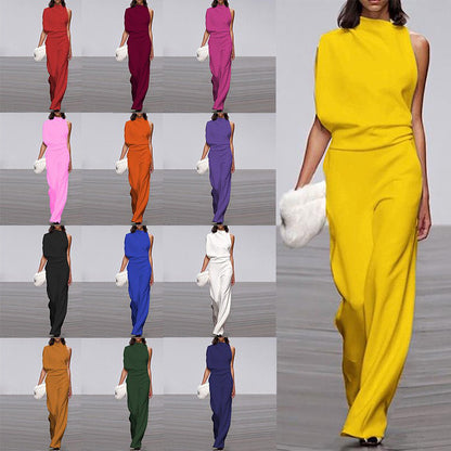 Women Pants Solid Color One Shoulder Pile Collar Jumpsuit Popular Dress Trousers - Wanita Store