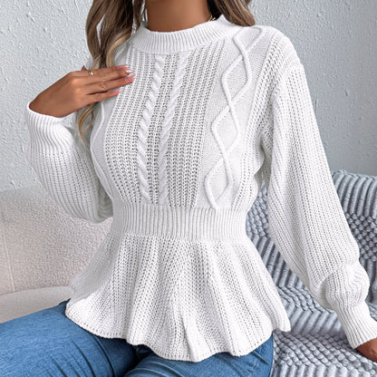 Autumn Winter Solid Color Twist Waist Trimming Ruffles Long Sleeve Pullover Sweater Women Clothing - Wanita Store